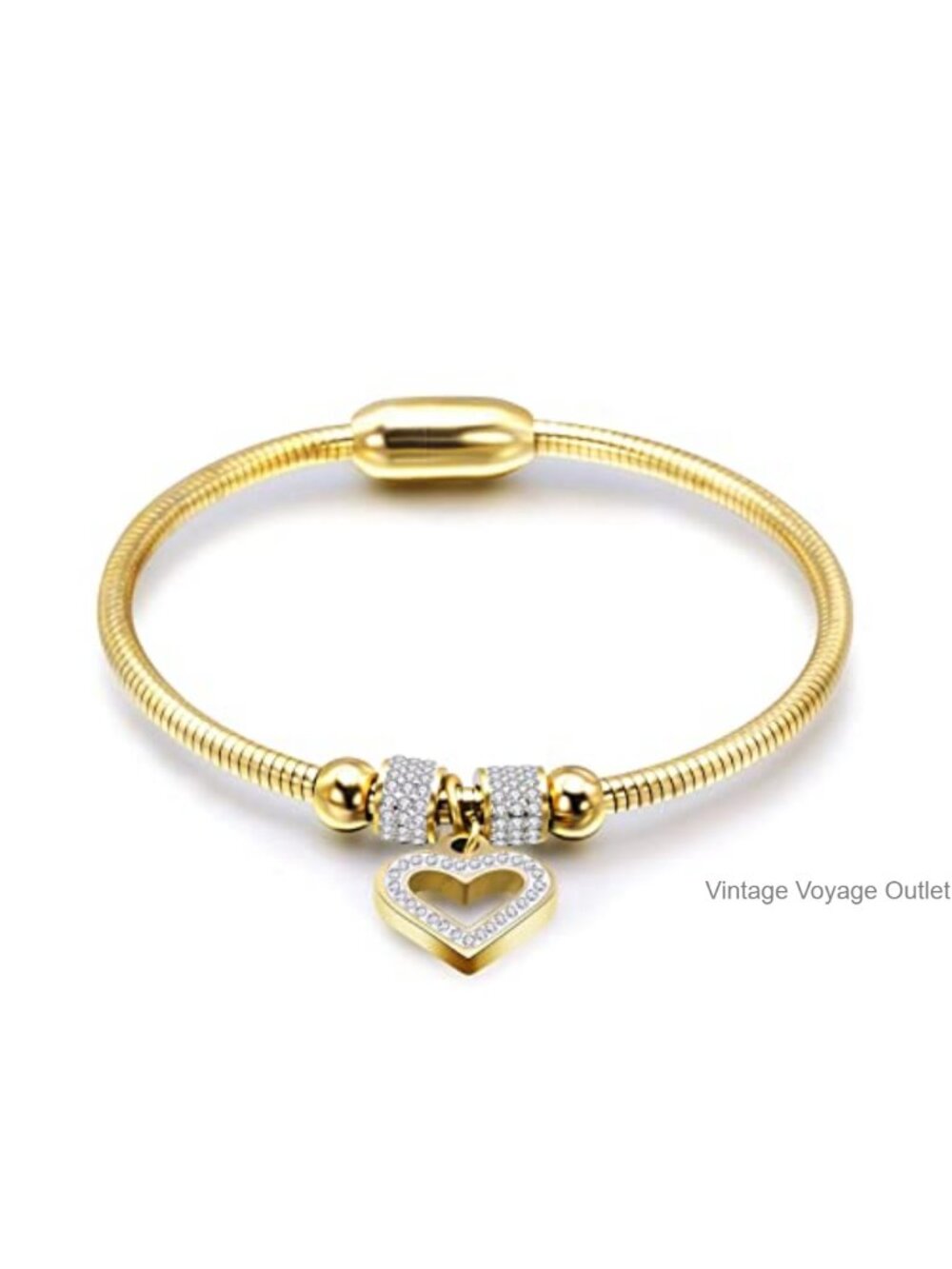 Stainless Steel Heart Charm Bangle Cuff Bracelet for Women